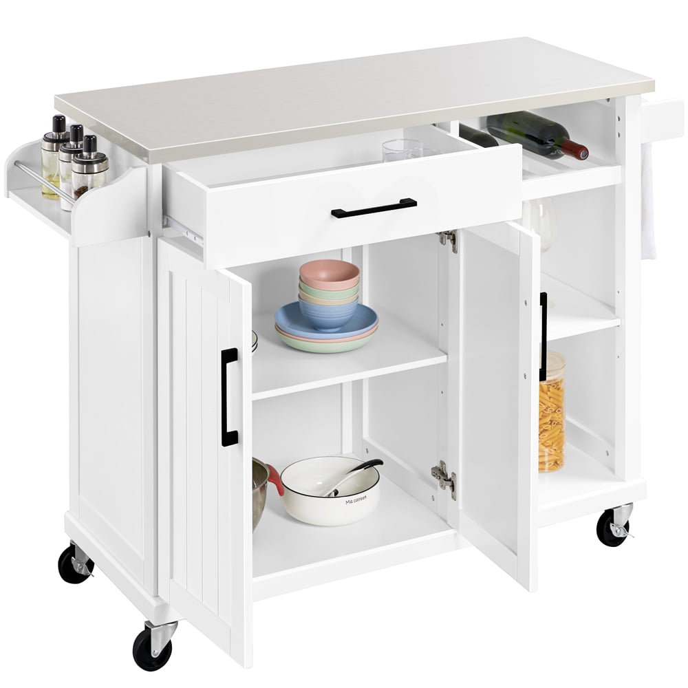 Topeakmart Kitchen Cart with Stainless Steel Top and Storage Kitchen Island on Wheels with Drawer and Cabinet and Open Shelves