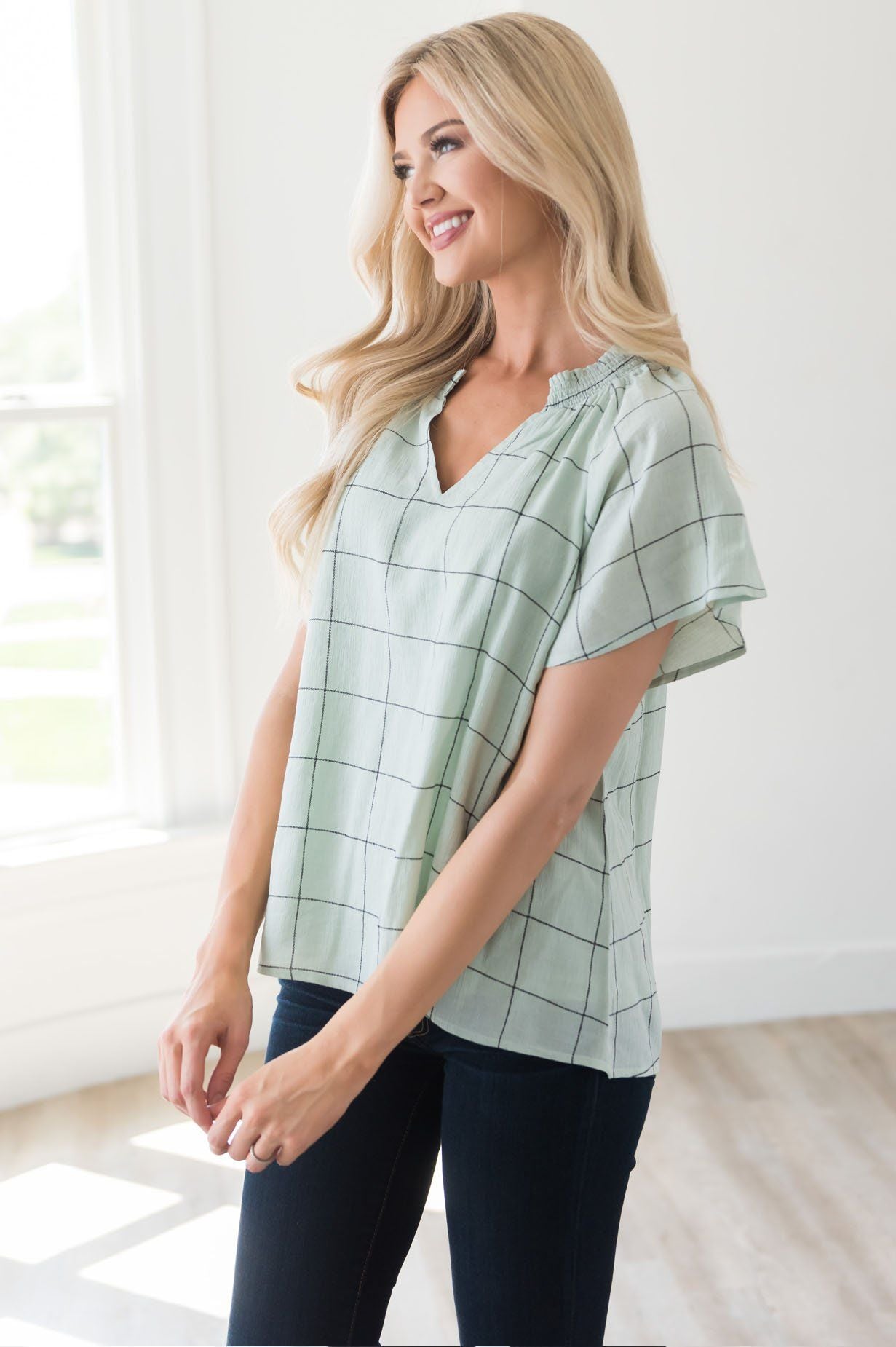 Nine to Five Modest Windowpane Blouse