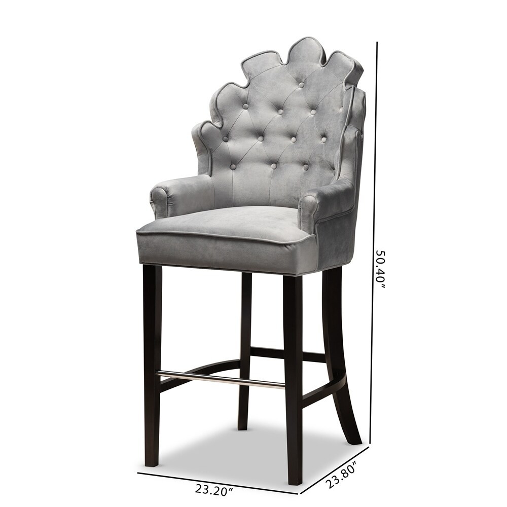 Chloe Modern and Contemporary Dark Grey Velvet Upholstered and Dark Brown Finished Wood 2 Piece Bar Stool Set