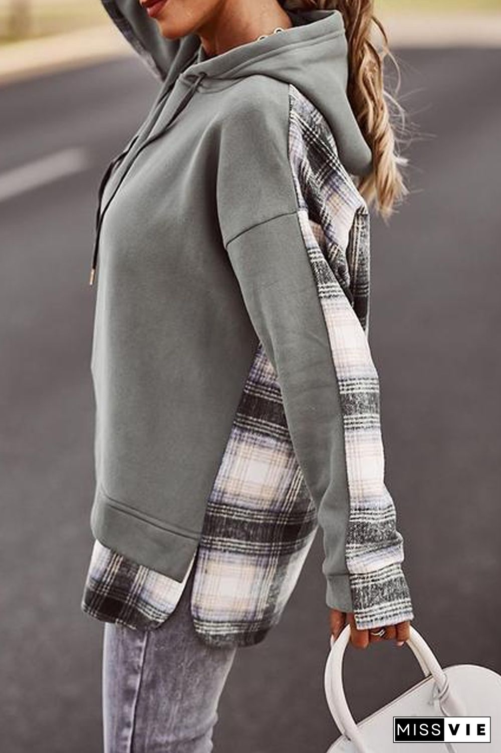 KarliDress Trendy Plaid Patchwork Hooded Sweatshirt P12854