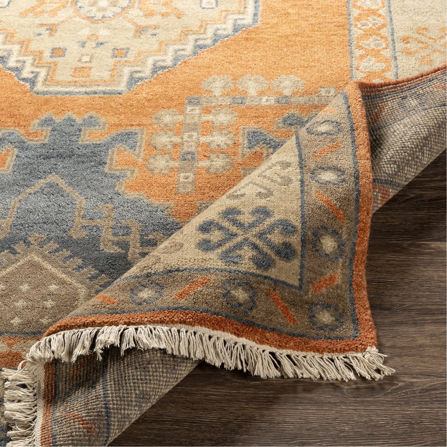 Isparta Hand Knotted Rug in Camel, Tan, Moss, Burnt Orange, Navy, Denim