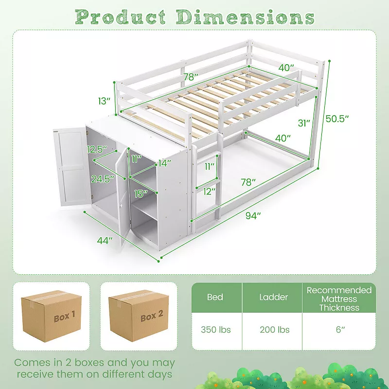 Twin Size Bunk Bed with Convertible Bookcase and Ladder-White