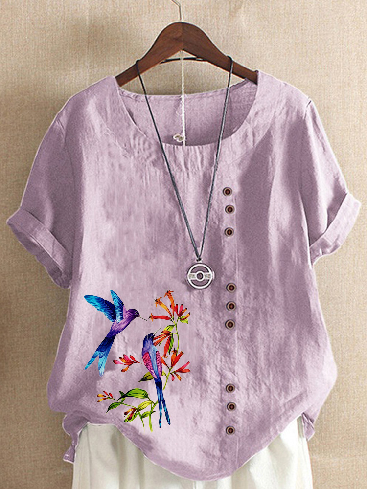 Round Neck Casual Loose Floral Short Sleeve Blouse