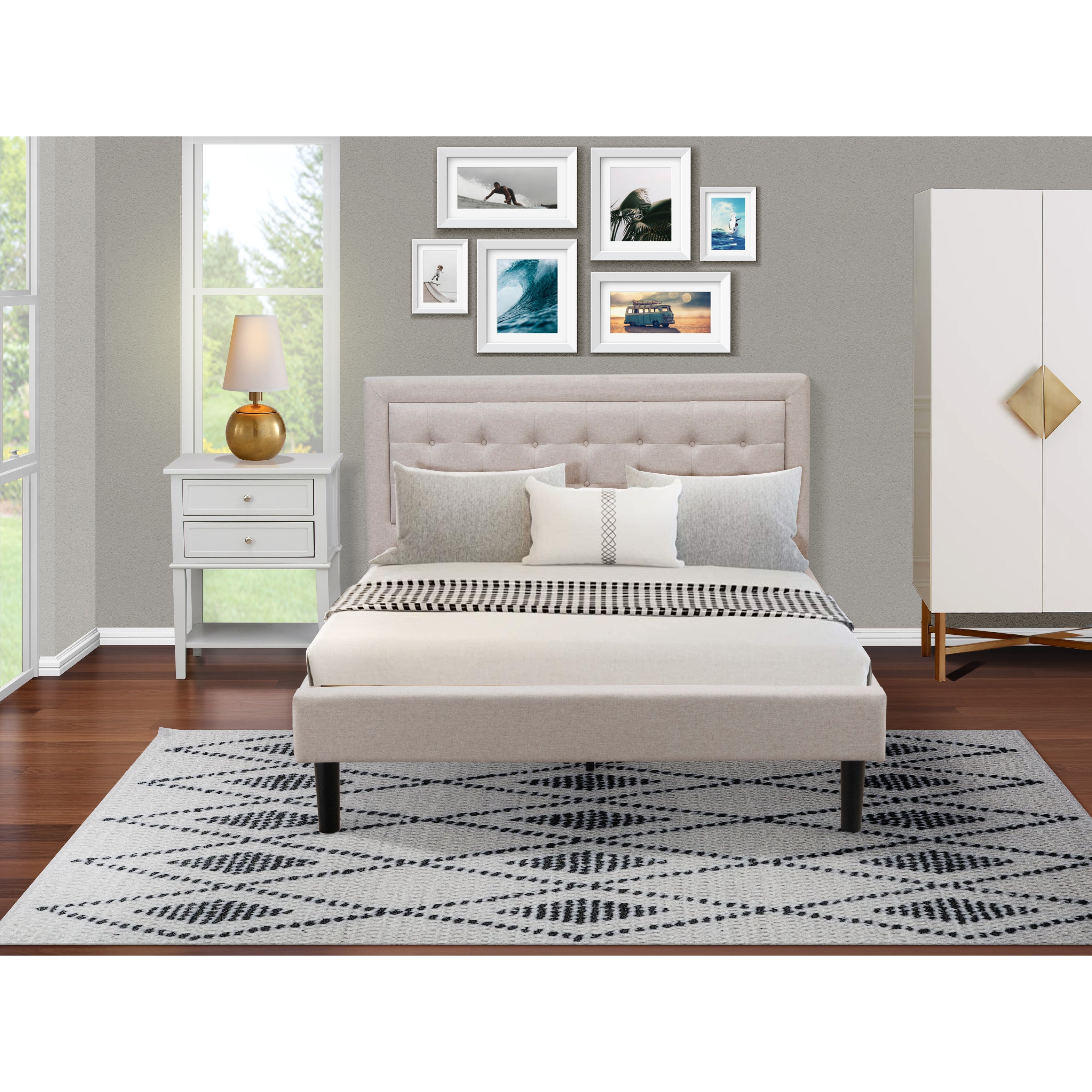 Fannin Platform Bed Set with Queen Size Bed and a Bedroom Nightstand - Mist Beige Linen Fabric - ( End Table Pieces Option ) - - 33887635