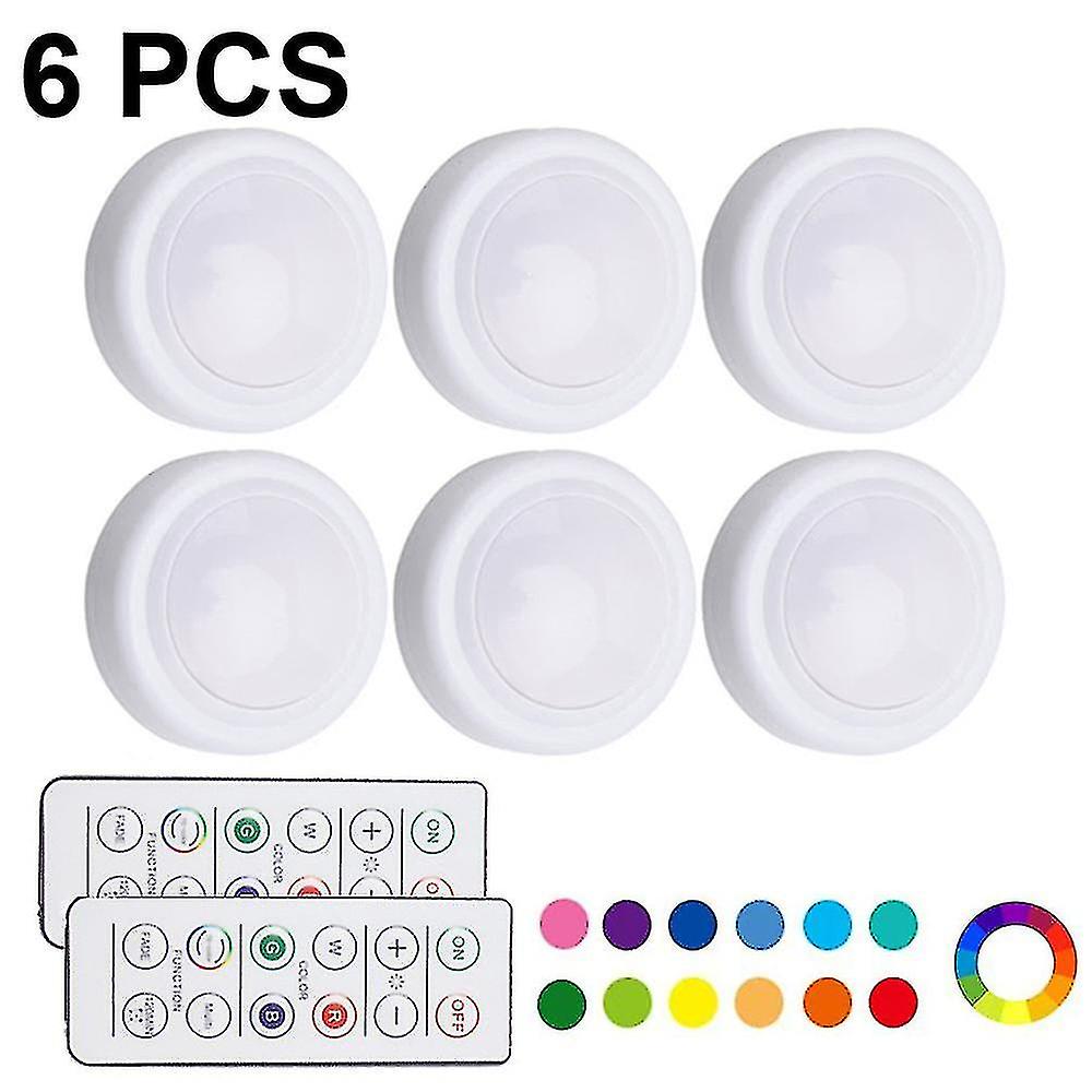 6pcs Night Light With 16 Colors Changeable Led Puck Lightings Battery Powered Dimmable Under Cabinet Lights Wireless， With 2 Remote Controls Timing