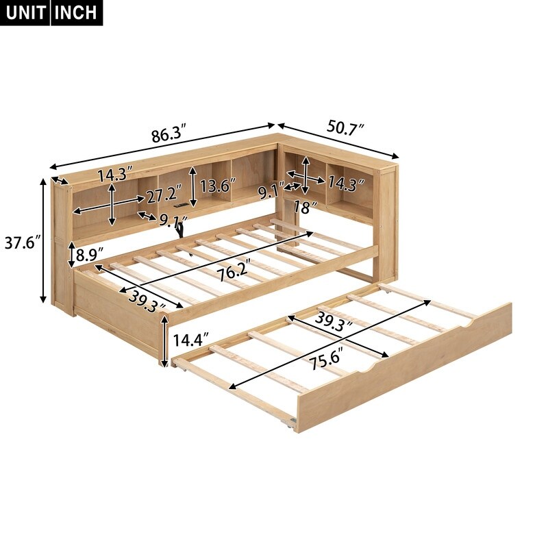 Twin Size Day Bed with Bookcases  Daybed with Trundle USB Ports and 5 Built in Storage Cabinets  Wood