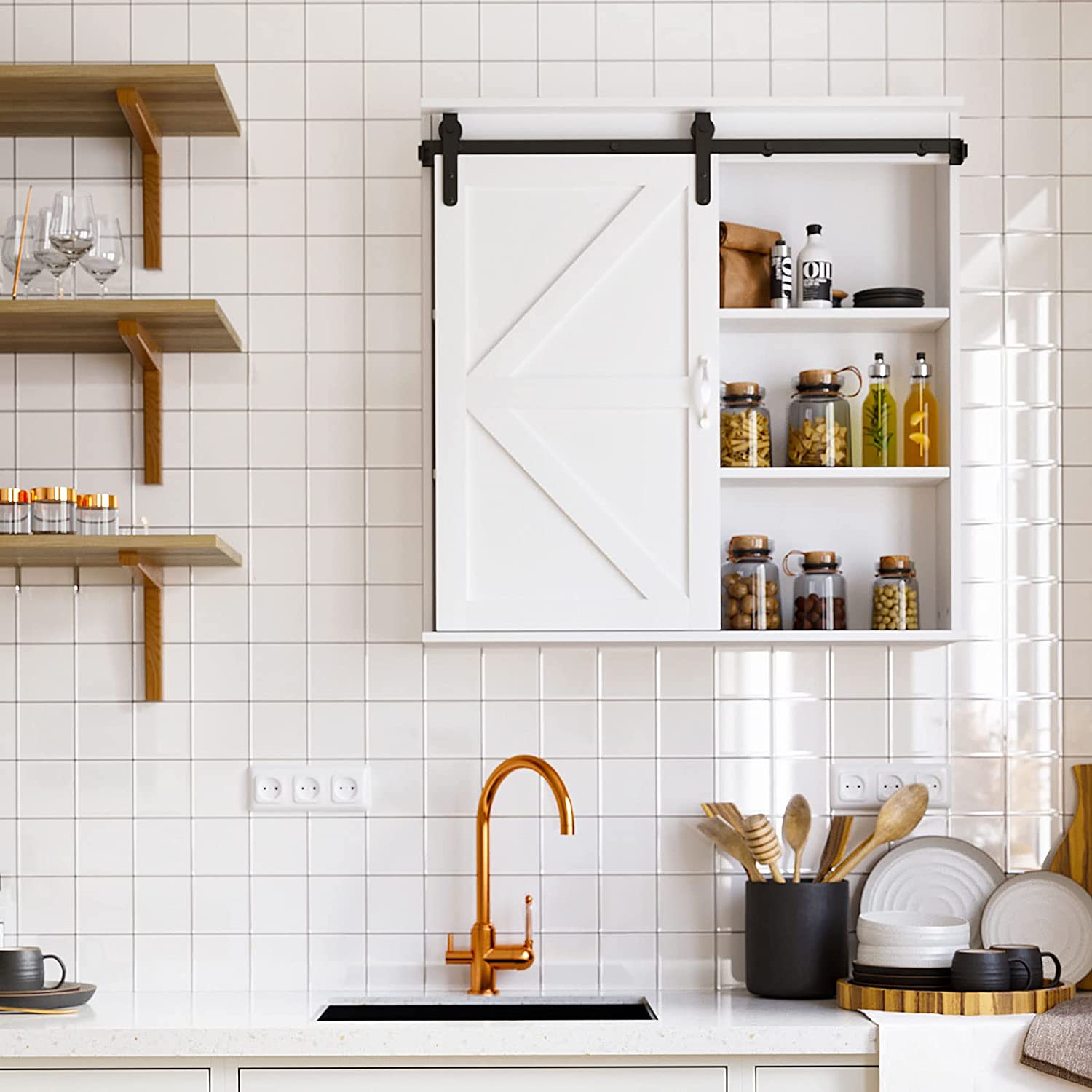 Farmhouse Medicine Cabinet with Sliding Door, Wall Mounted Bathroom Cabinet with Storage Shelves Over Toilet for Kitchen,Laundry