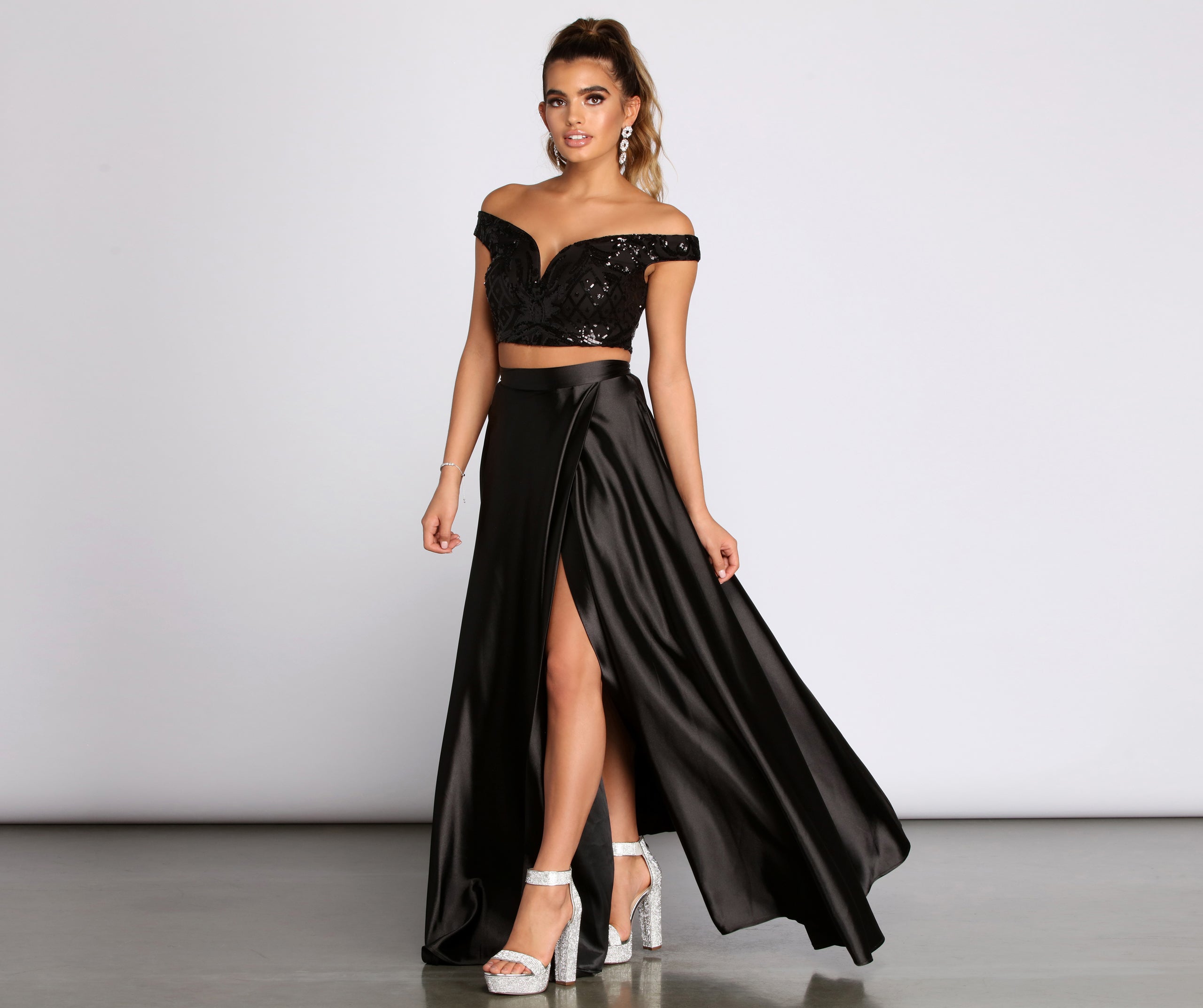 Estella Sequin Off Shoulder Two Piece Satin Dress