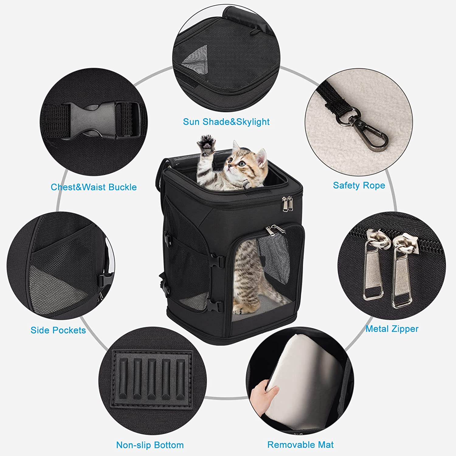 Pet Carrier Backpack with Detachable Side Pockets for Cats and Dogs， Expandable Cat Dog Puppy Carrier Backpacks， Airline Approved， for Travel / Hiking / Outdoor Use， Black