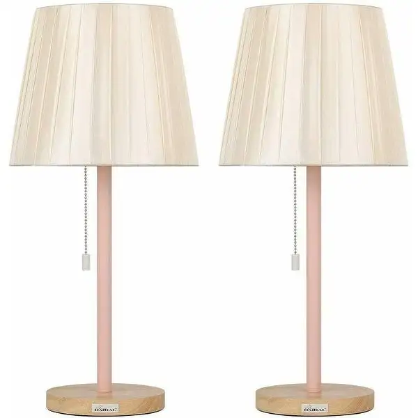 Oumilen Two Set Pink Vintage Wooden Base Pull Chain Table Reading Lamp