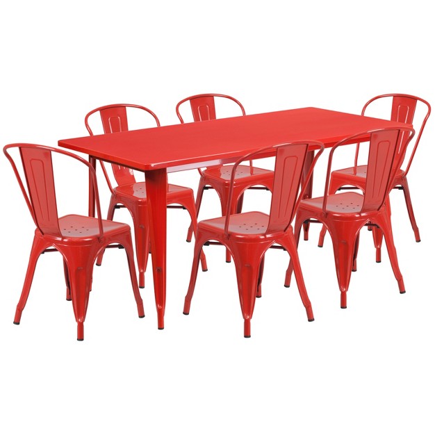 X 63 quot Rectangular Metal Indoor outdoor Table Set With 6 Stack Chairs