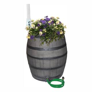 RESCUE 50 Gal. Gray Flat Back Whiskey Rain Barrel with Integrated Planter and Diverter System with Black Accent Bands 2244-1