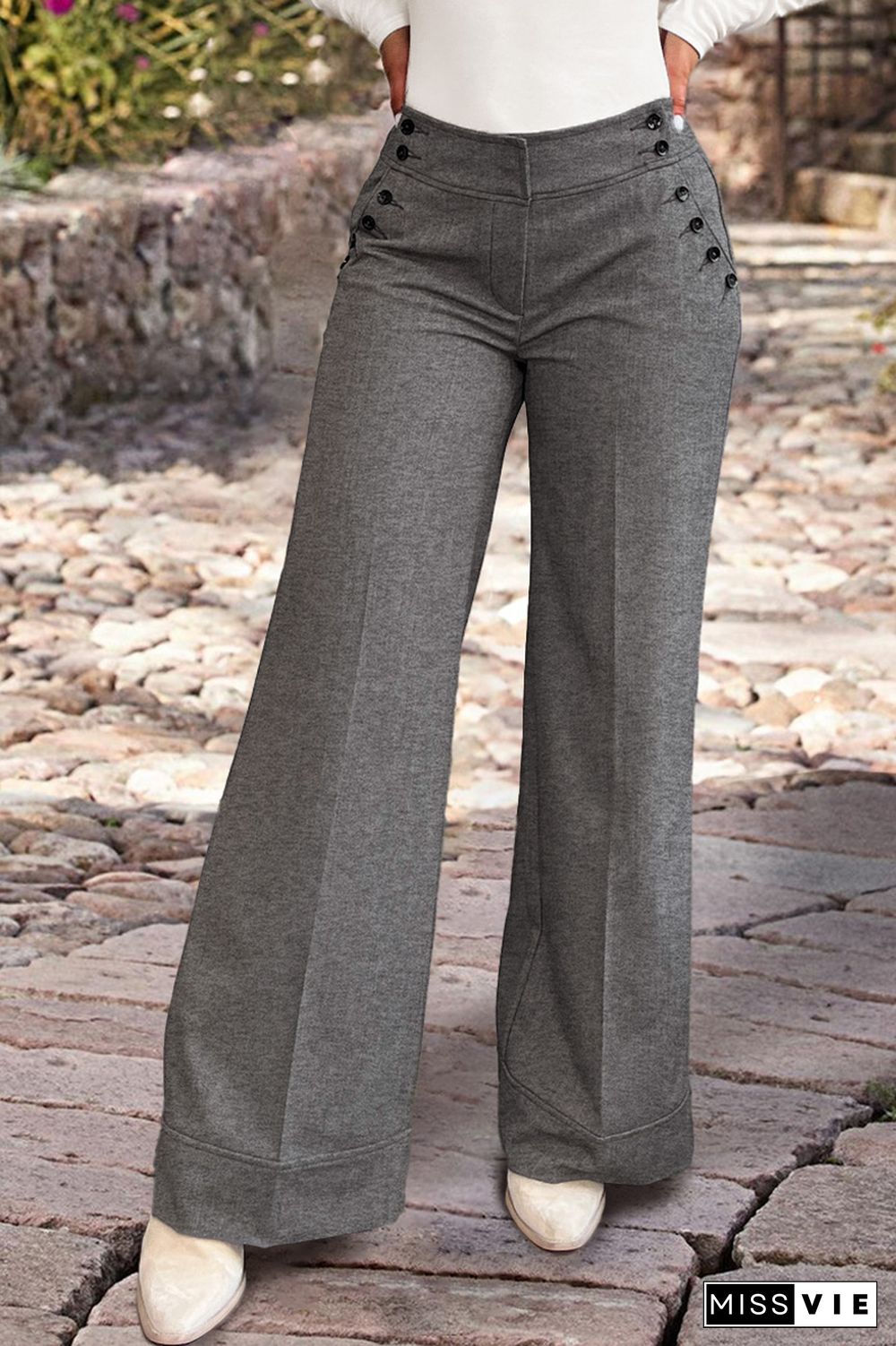 Solid Button Decor Mid Waist Wide Leg Pants