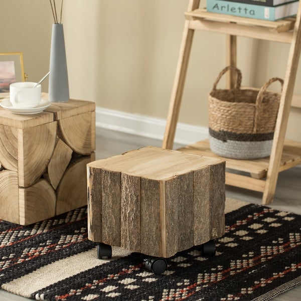 Accent Decorative Natural Wooden Square Stump Stool， with Wheels