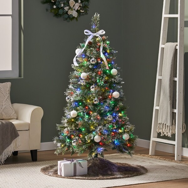 Roomfitters Artificial Christmas Tree with Multicolor LED Lights，White Ornaments，and Ribbon Topper，Frosted Pine Needles