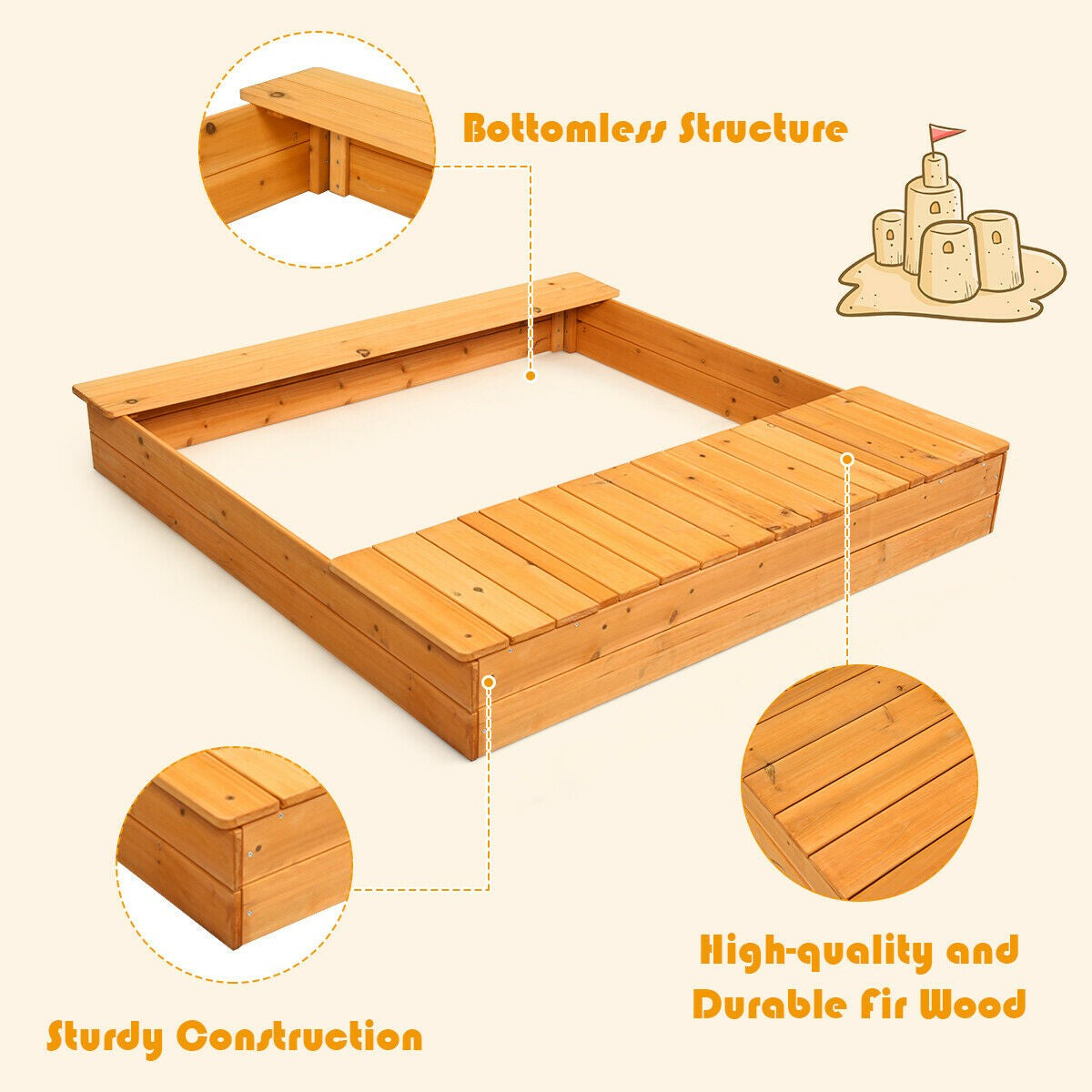 Kids Wooden Sandbox with Bench Seats & Storage Boxes