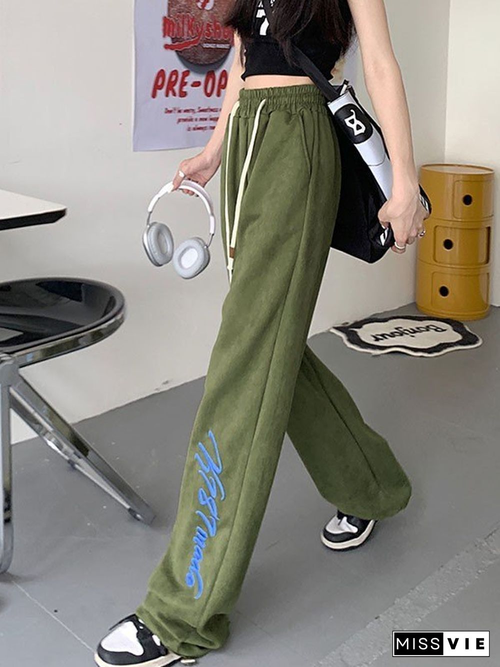 Embroidery Faux Suede Baggy Sweatpants