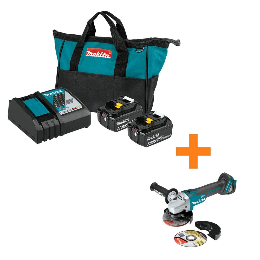 Makita 18-Volt LXT Battery and Rapid Optimum Charger Starter Pack (5.0Ah) with bonus 18V LXT Brushless Cut-Off/Angle Grinder BL1850BDC2XAG04