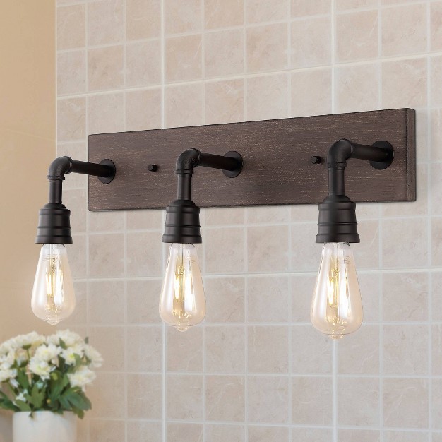 3 light Corbett Rustic Farmhouse Iron Led Vanity Oil Rubbed Bronze brown Wood Finish Jonathan Y