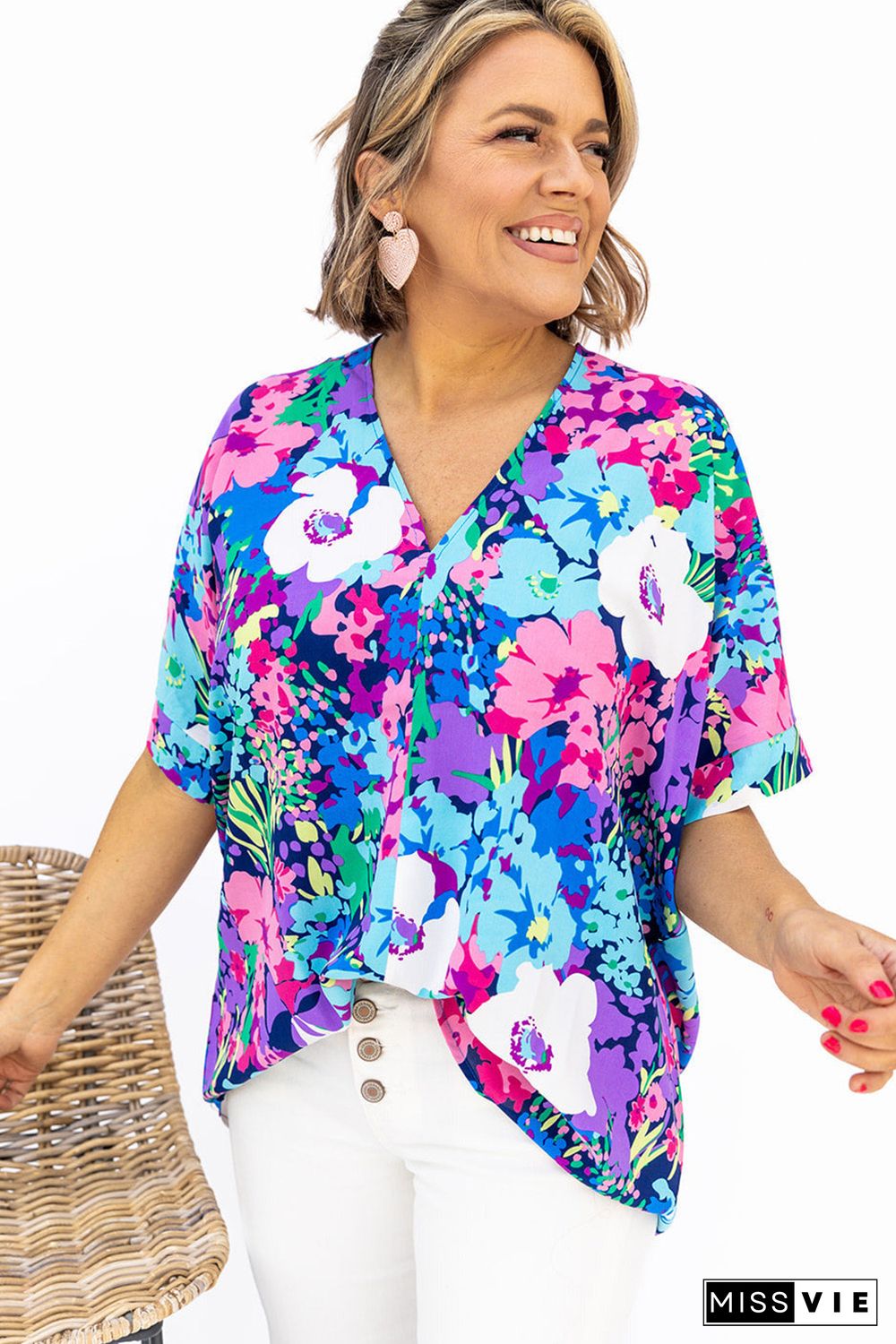 Multicolor V Neck Dolman Sleeve Plus Size Floral Blouse