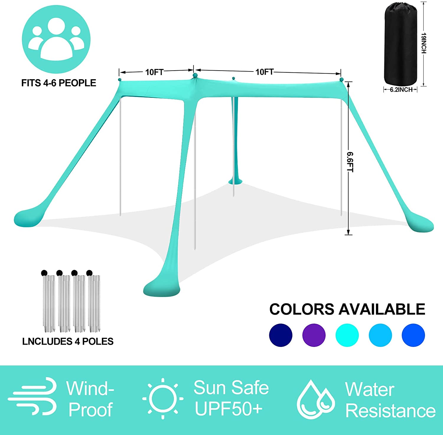 Beach Shade Canopy UPF50+ Portable Windproof Beach Tent Pop Up Sun Shelter with Anti-Wind Ropes and Carrying Bag for Camping， Fishing， Backyard， Picnics(10x10FT)