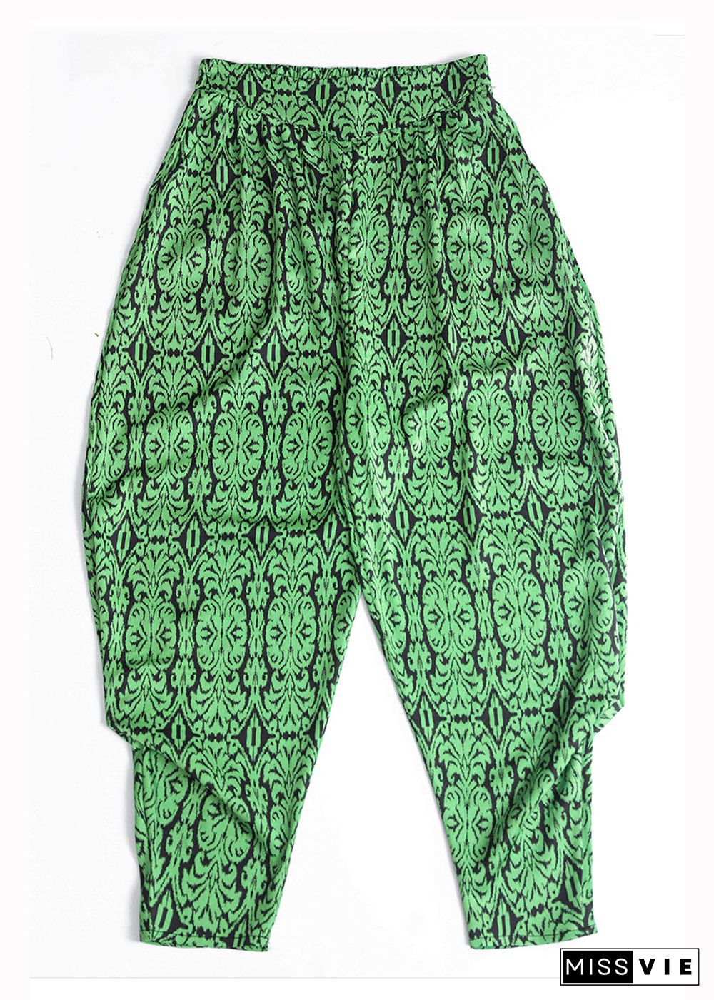 Women Grass Green Pockets Print Chiffon Lantern Pants Summer