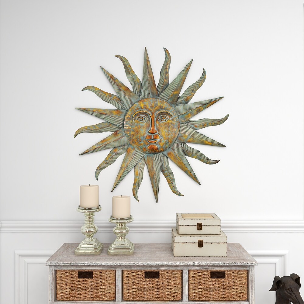 Gold Metal Indoor Outdoor Distressed Sunburst Wall Decor with Copper Like Accents and Grooves   35 x 1 x 35Round