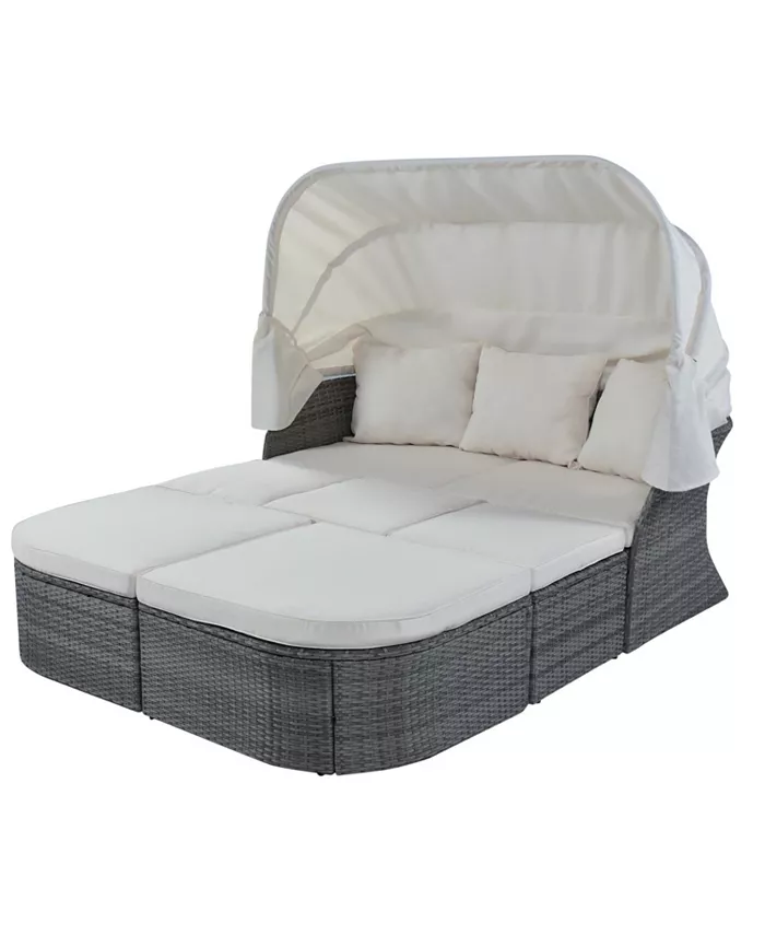 Simplie Fun Outdoor Patio Furniture Set Daybed Sunbed with Retractable Canopy Conversation Set Wicker Furniture Sofa Set