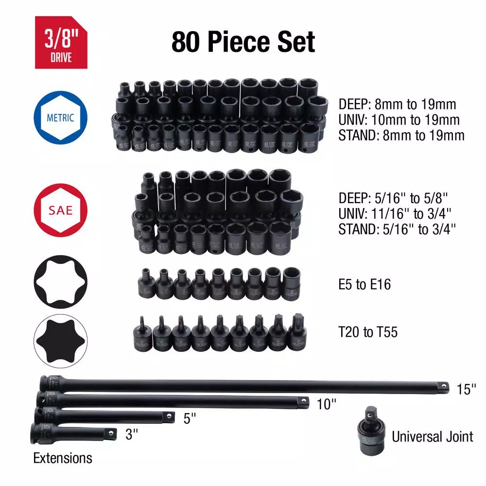 SUNEX TOOLS 3/8 in. Drive Master Impact Socket Set (80-Piece) and#8211; XDC Depot