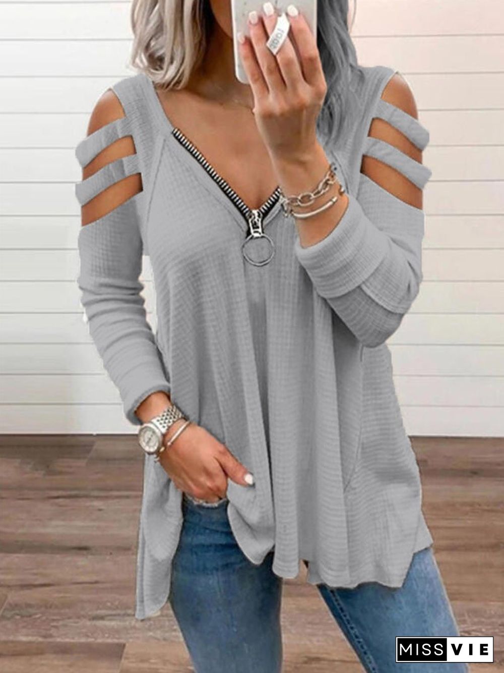 NewSexyWomen's StraplessZipper V-neckShirtInSpringAndSummerOfPlusSizeWomenClothingLinenShirtWomenBlouses