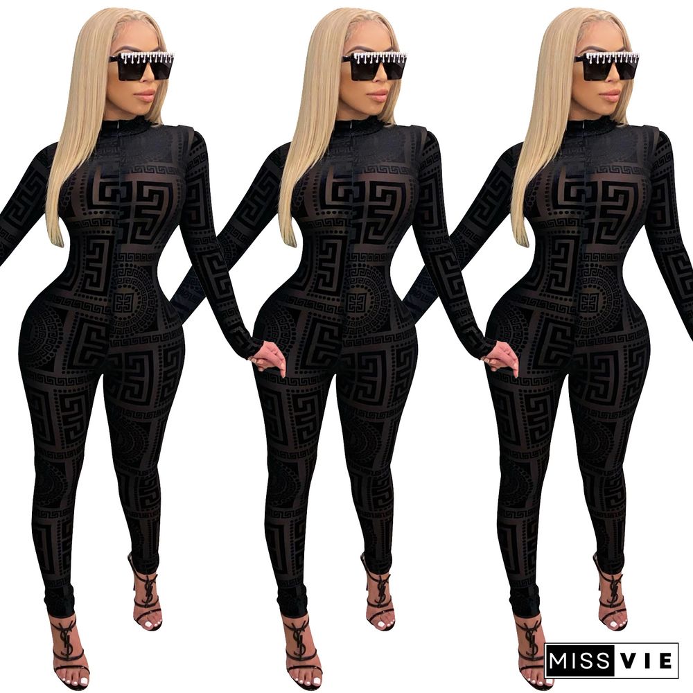 Printed Mesh Spliced Long Sleeve Mid-waist Slim Jumpsuit