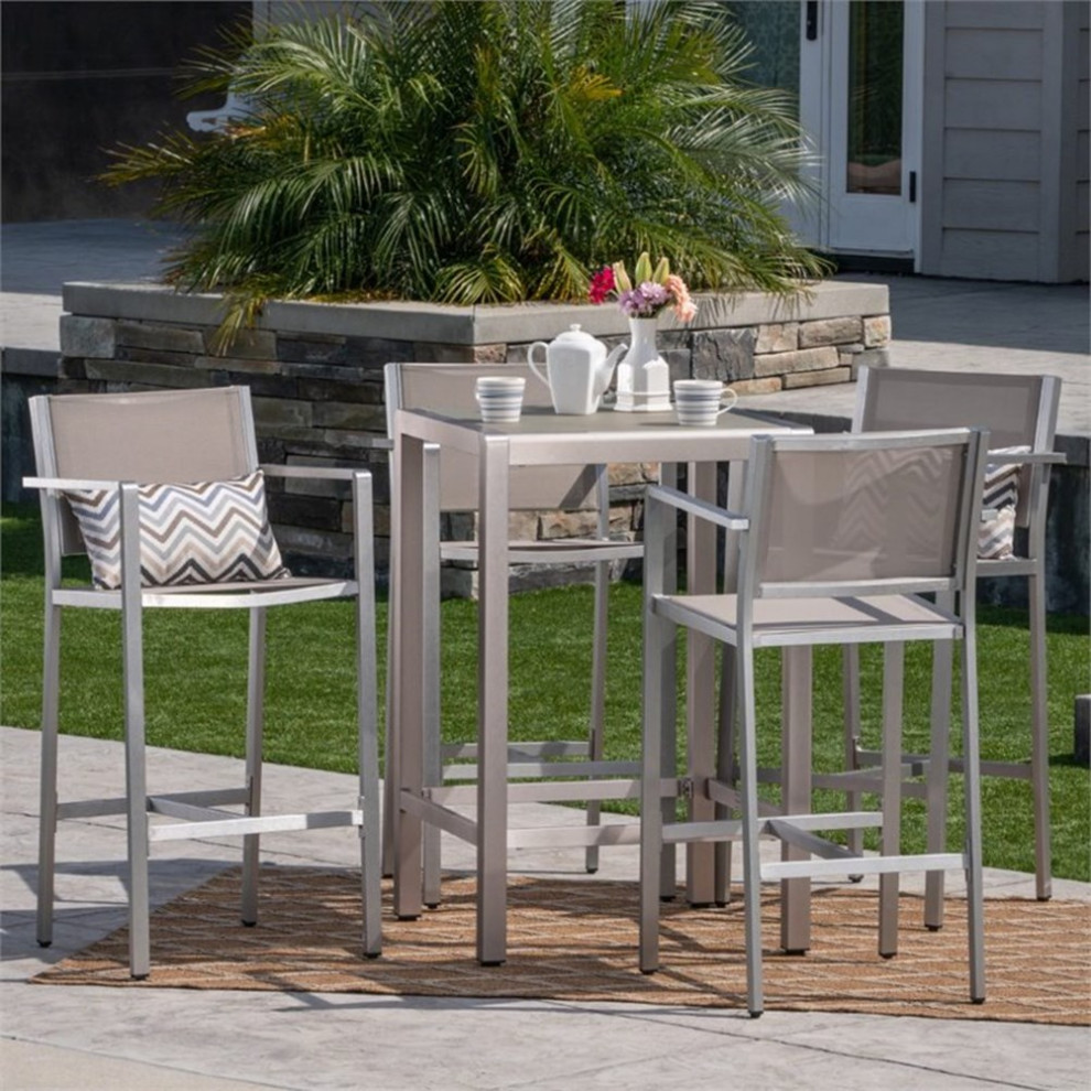 Noble House Cape Coral Outdoor 5 Piece Glass Top Aluminum Bar Set in Silver   Contemporary   Outdoor Dining Sets   by Homesquare  Houzz