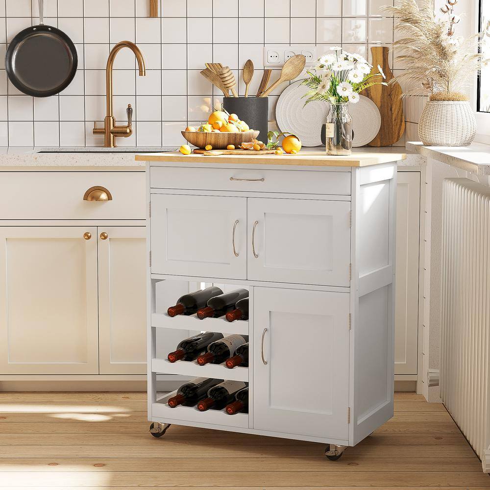 HOMCOM Kitchen Island On Wheels Rolling Kitchen Cart with Drawer 9-Bottle Wine Rack Storage Cabinets White 801-179