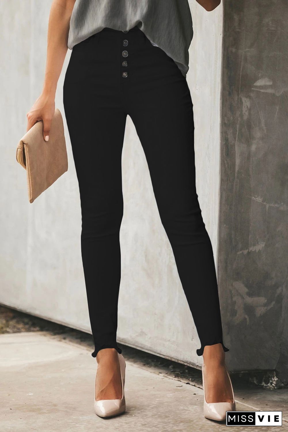 Black Plain High Waist Buttons Frayed Cropped Denim Jeans