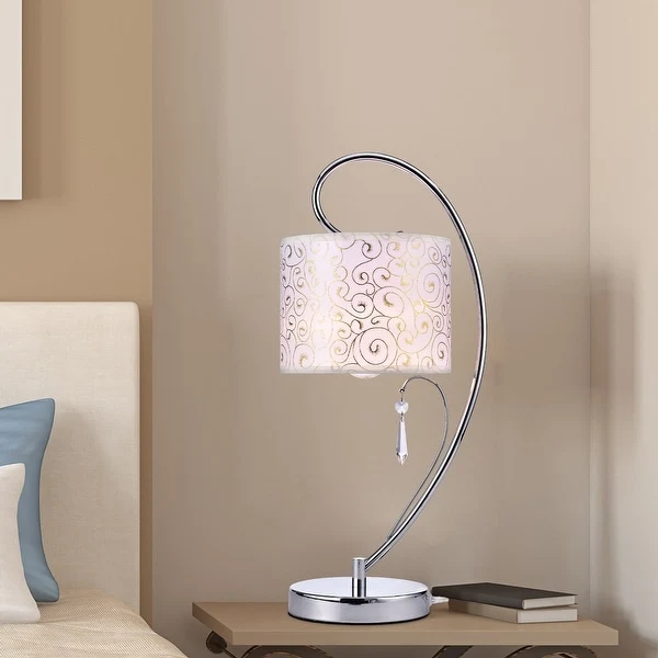 Chrome Bedside Lamp with Fabric Shade Modern Crystal Table Lamp