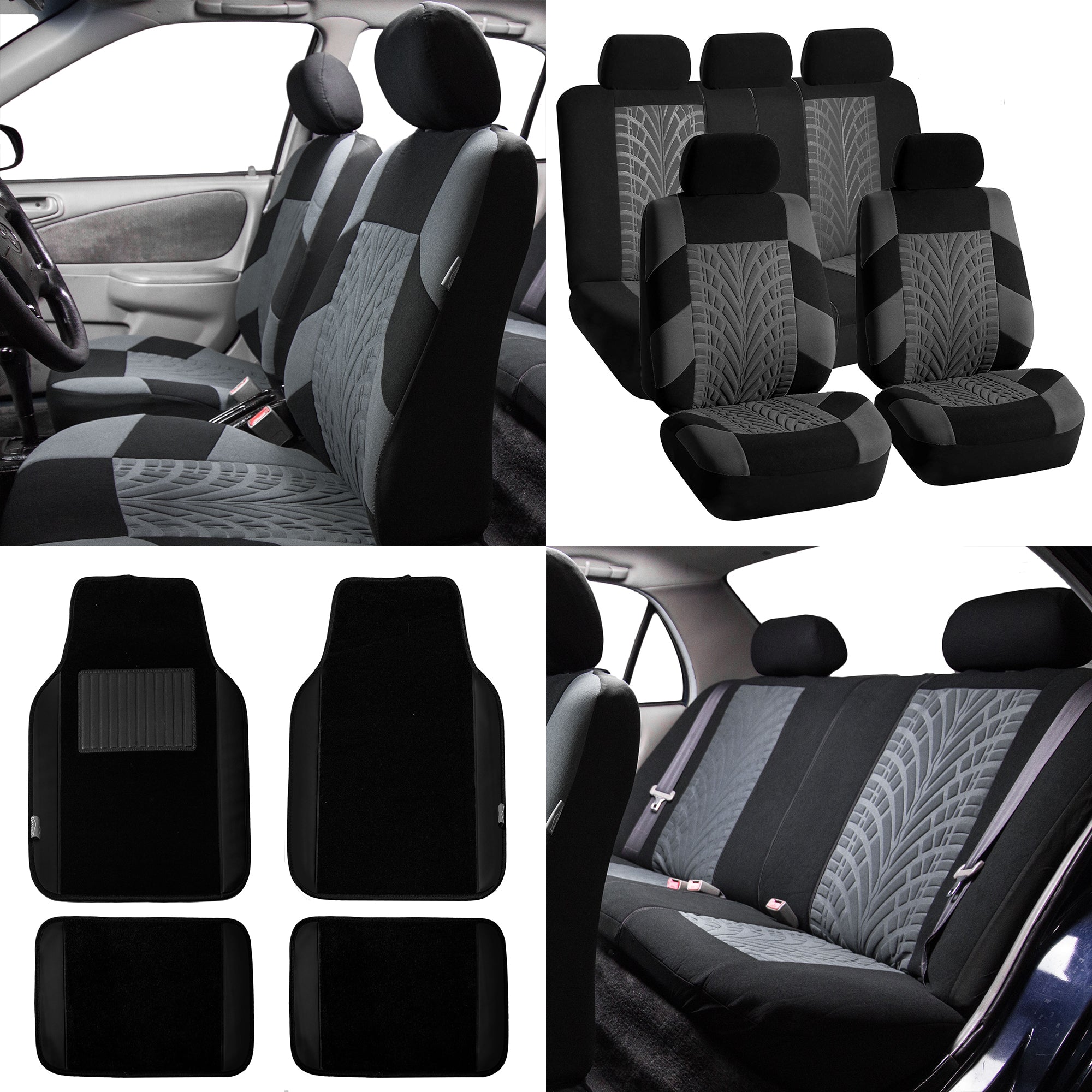 FH Group FH Travel Master Car Seat Covers for Auto Complete Seat Covers Set with Black Leather Trim Carpet Floor Mats Gray