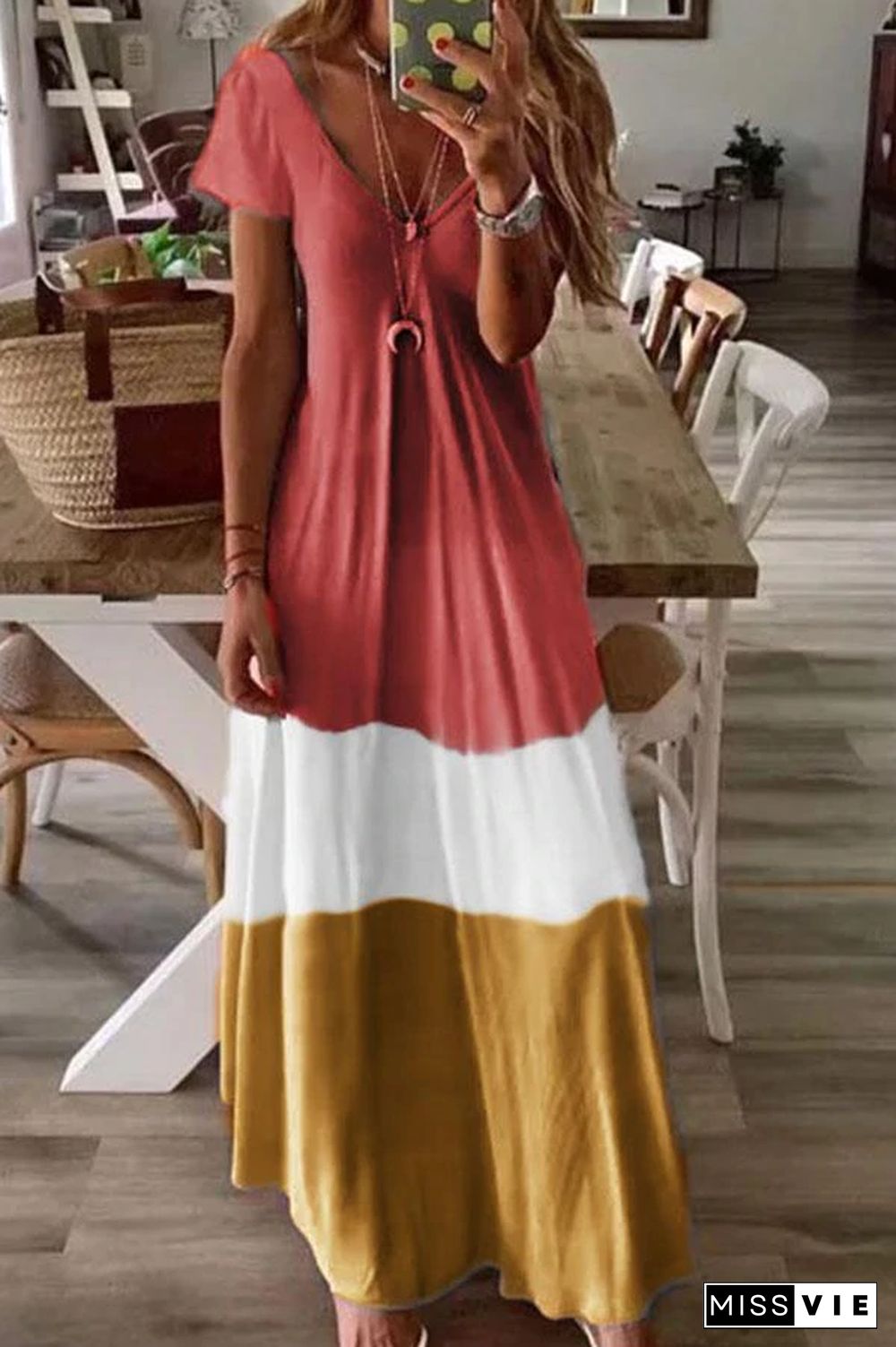 Color-block V-neck Short Sleeves A-line Holiday Maxi Dress