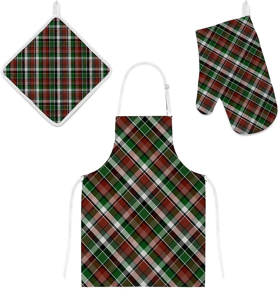 Kitchen Oven Mitts Glove Potholder Apron 3pcs Set Green Red Tartan Non Slip Heat Resistant Mitts For Baking Cooking Bbq