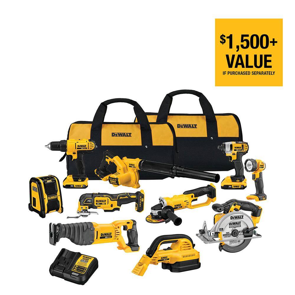 DW 20V MAX Cordless 10 Tool Combo Kit with (2) 20V 2.0Ah Batteries Charger and Bag DCK1020D2