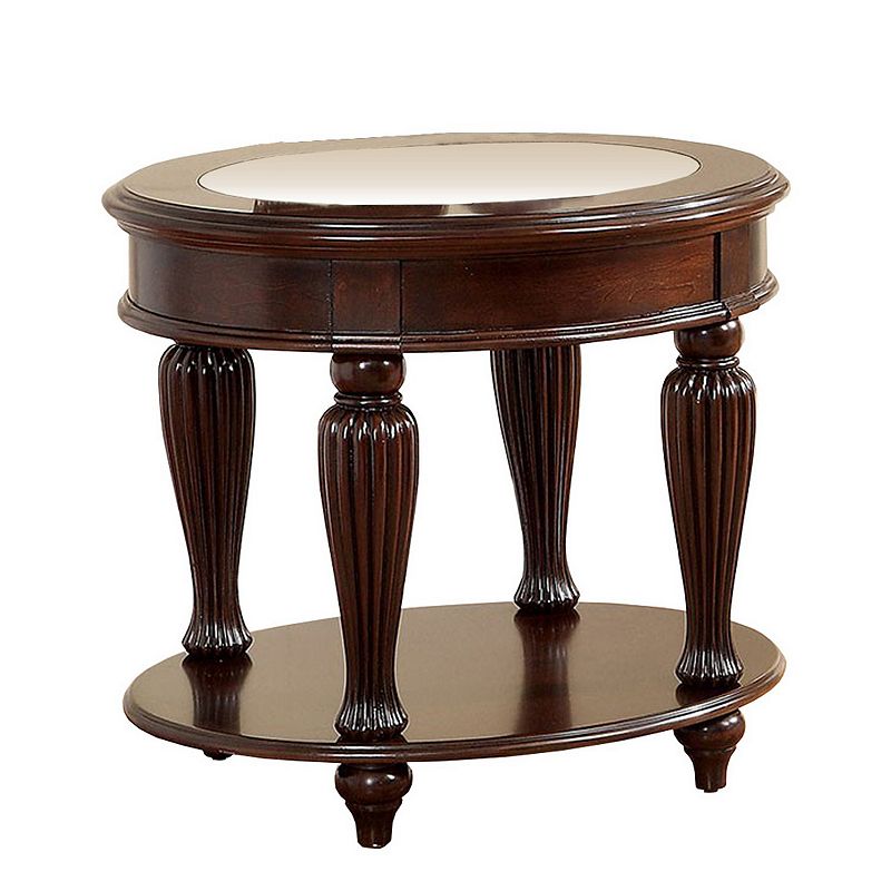 Round Wooden End Table with Ribbed Pillar Legs， Brown