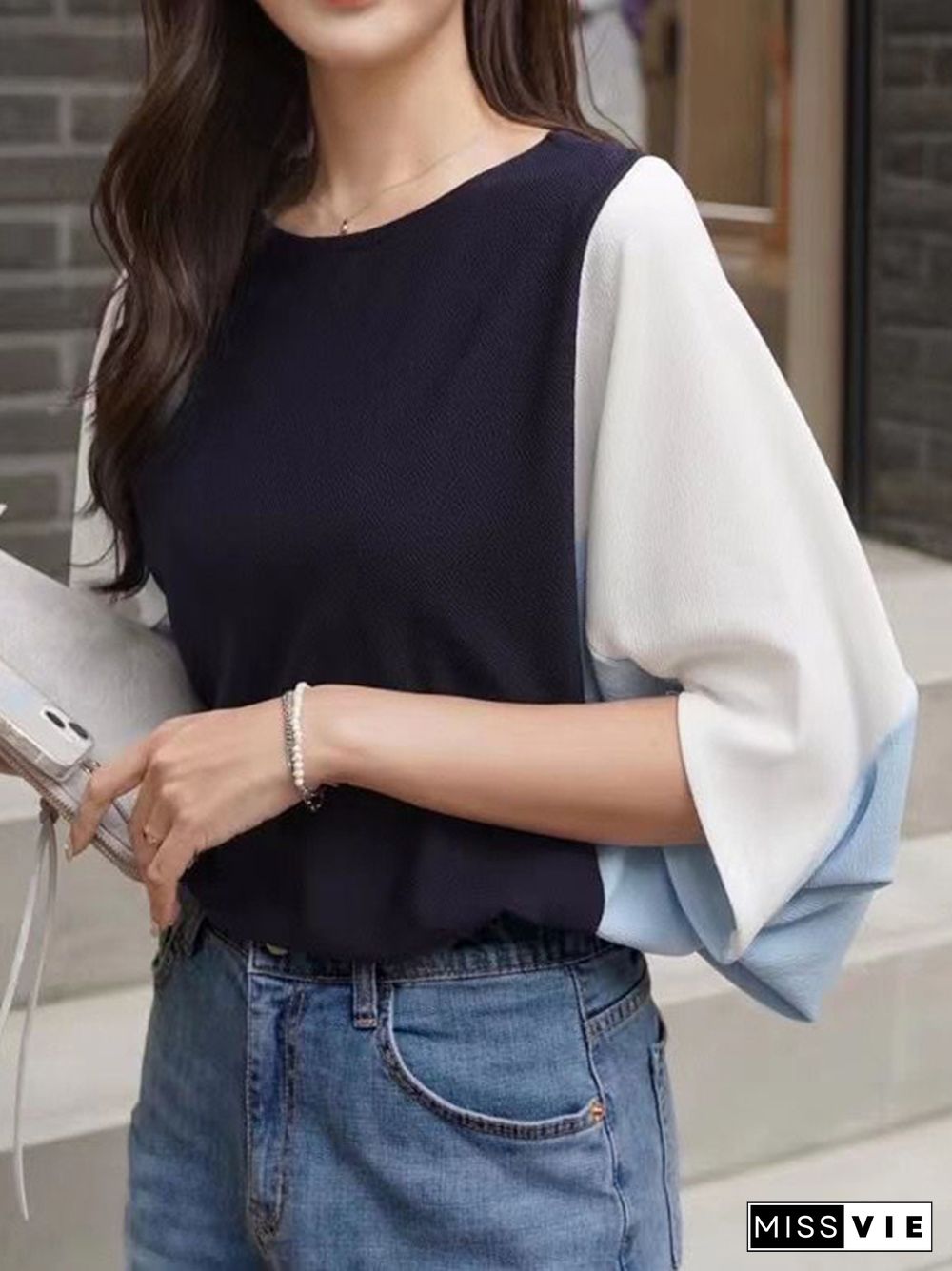 Batwing Sleeves Loose Contrast Color Split-Joint Round-Neck T-Shirts Tops