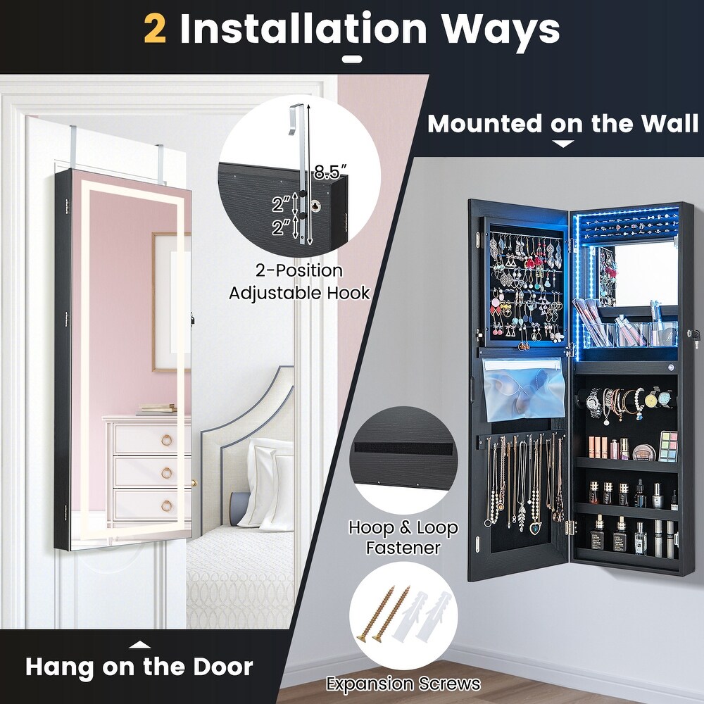 42.5 Inches Lockable Jewelry Mirror Wall Cabinet with 3 Color LED Lights   15\