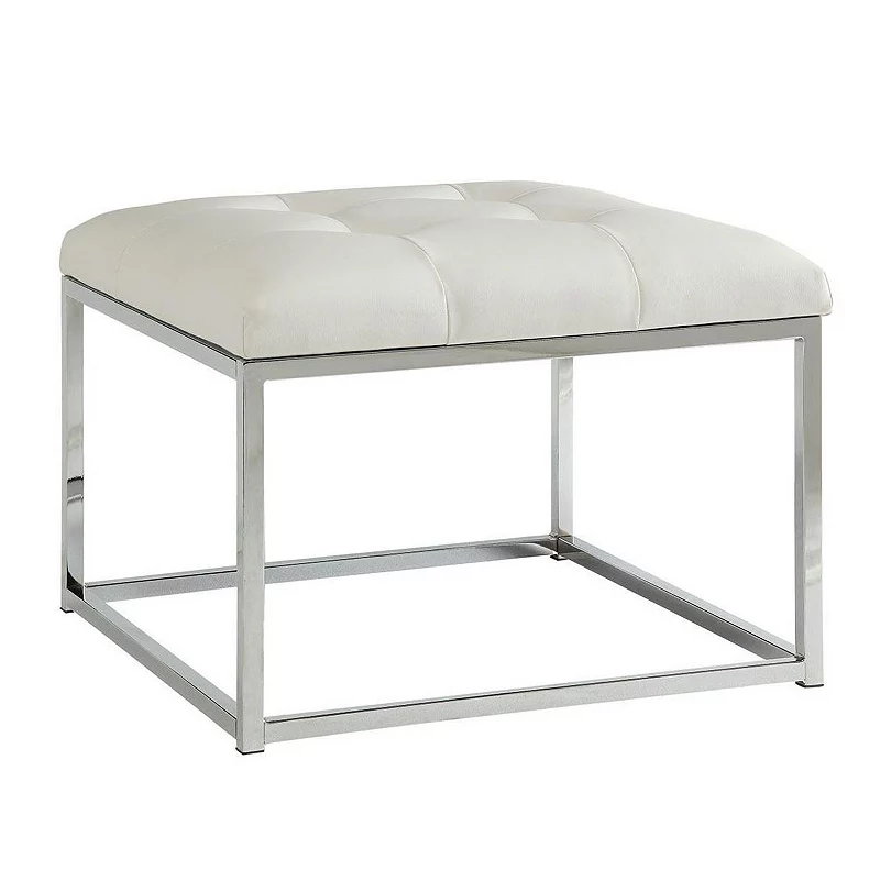 Leatherette Metal Frame Ottoman with Tufted Seating， White and Silver