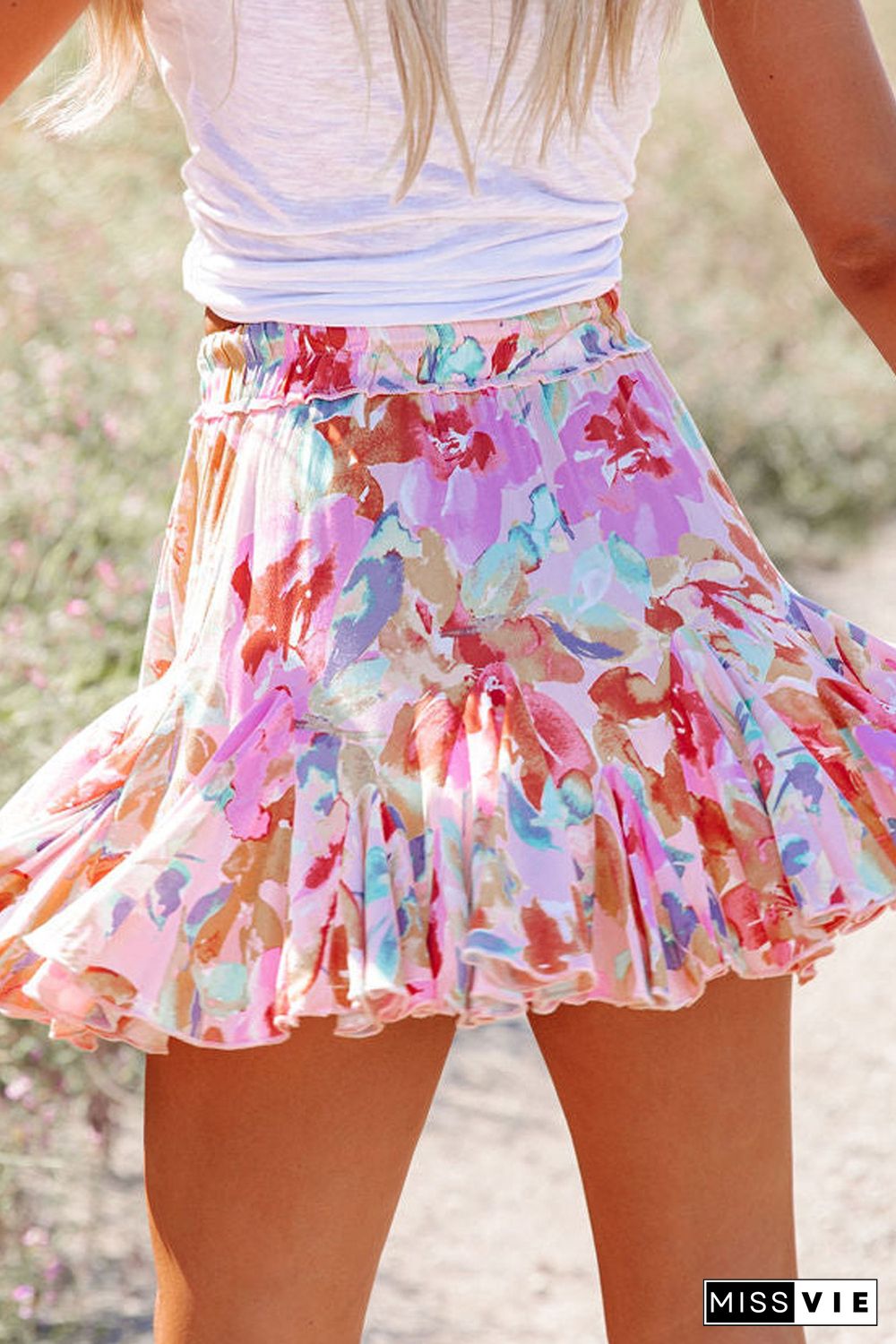 Multicolor Abstract Floral Print Ruffled Mini Skirt