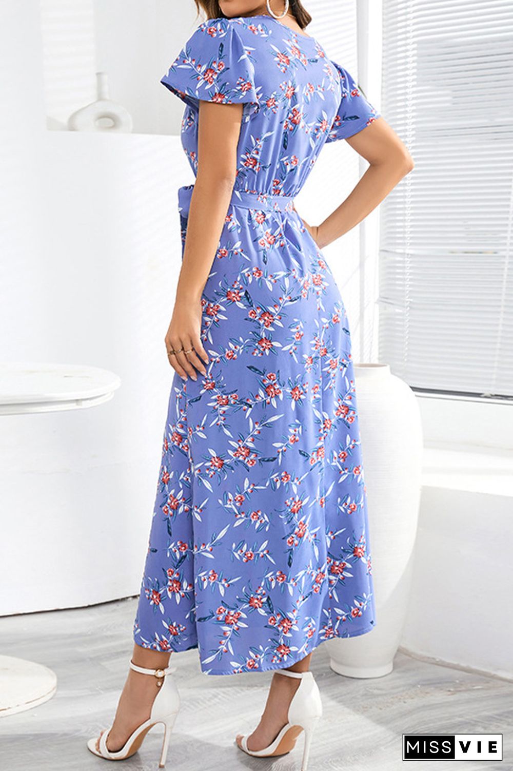 Flower Print Waist Tie Surplice Split Dress