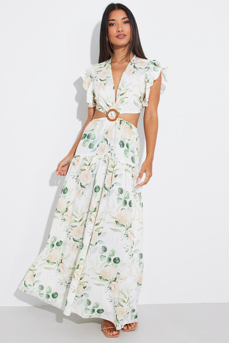 White Floral Butterfly Sleeve Maxi Dress With Raffia Buckle