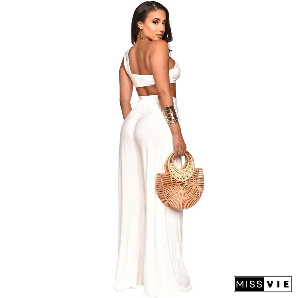 Skew Collar Crop Top Wide Leg Pants Two Piece Set