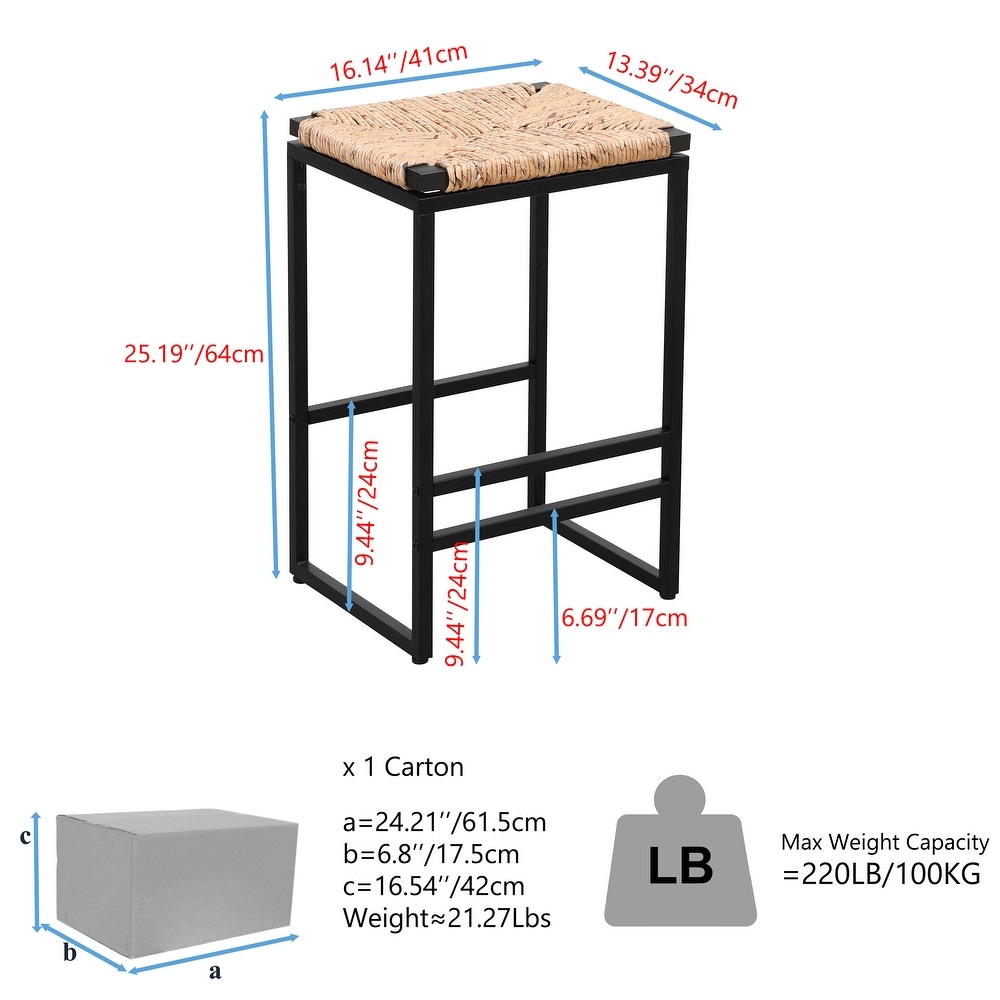 Backless Bar Stools Set of 2  Counter Height Dining Chairs with Paper Rope Woven Upholstered Seat and Black Metal Footrest