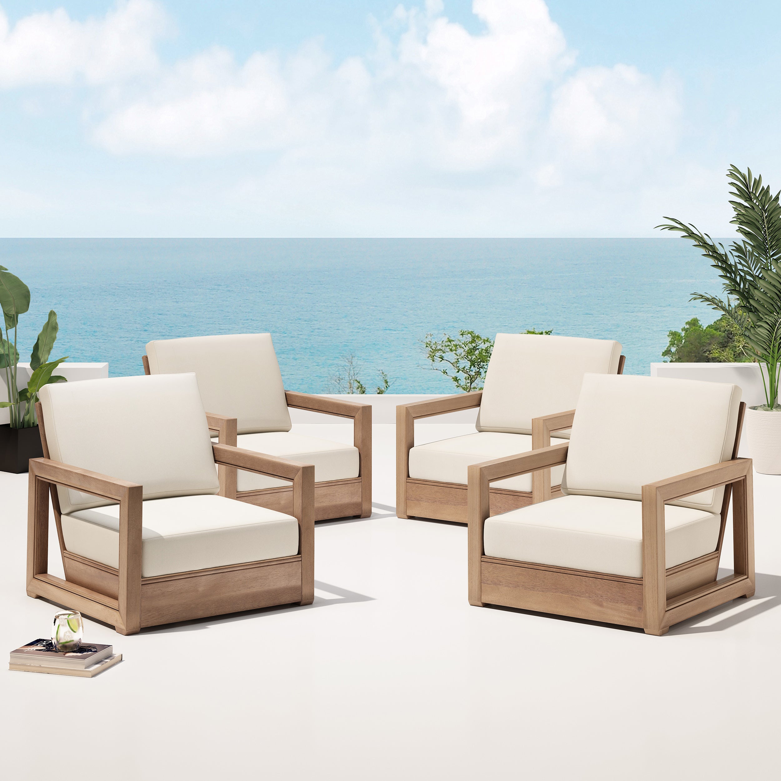 Andrae Outdoor Acacia Wood Club Chairs (Set of 4)