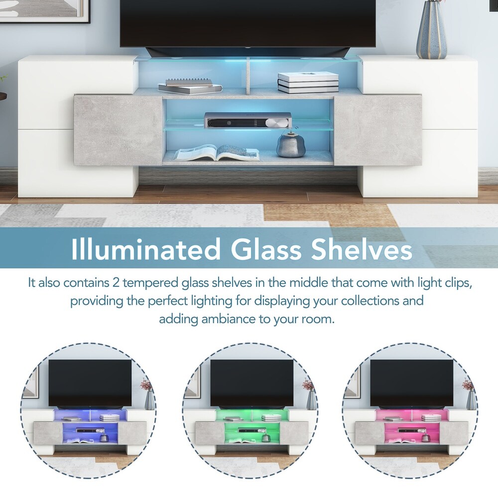 High Gloss TV Stand with 2 Illuminated Glass Shelves and Storage Cabinets  Entertainment Center with LED Lights for 80\